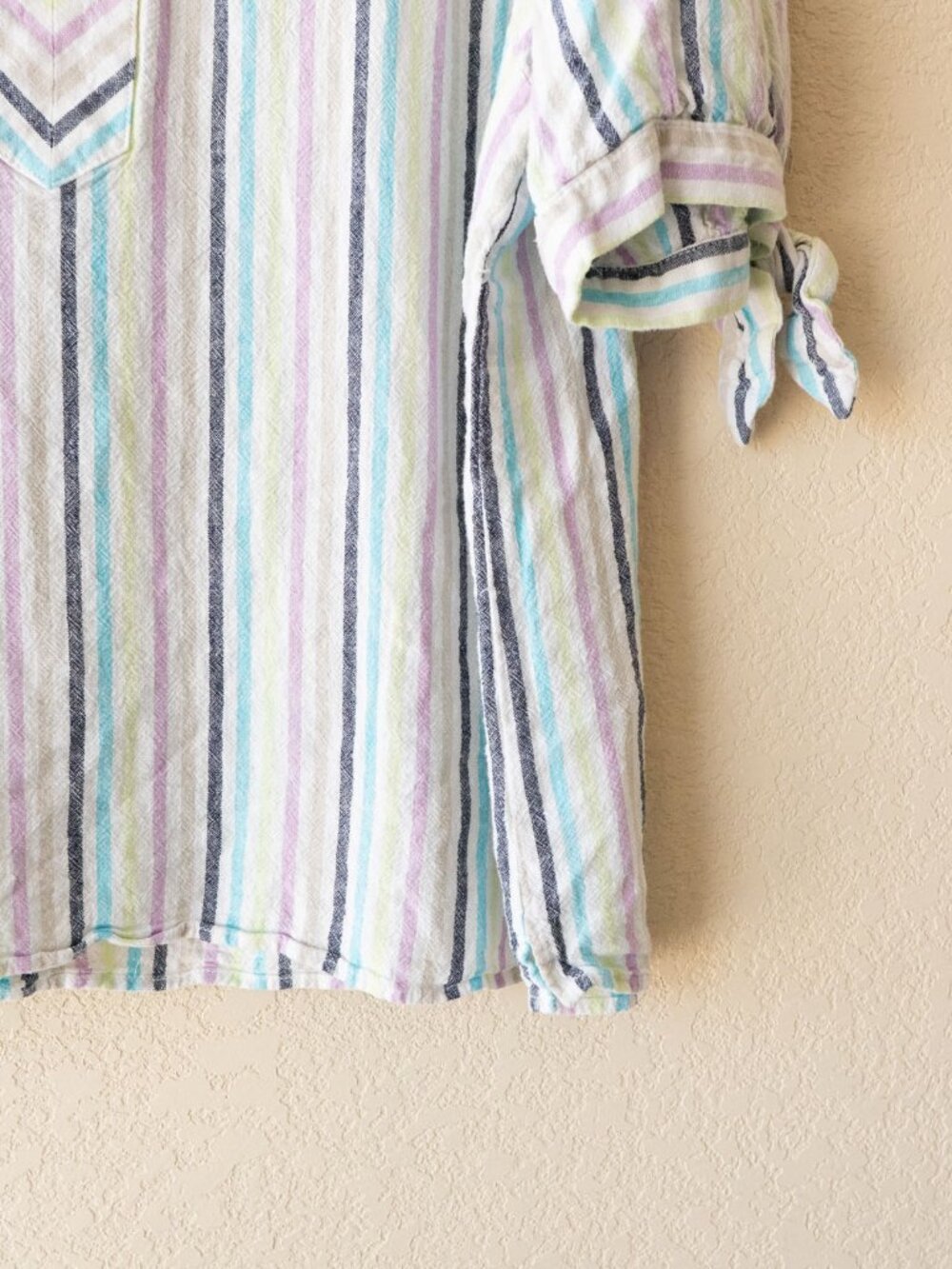 Kim Rogers Linen Blend Top XL Pastel Stripe Tie Sleeve Popover Blouse Coastal - Picture 8 of 14